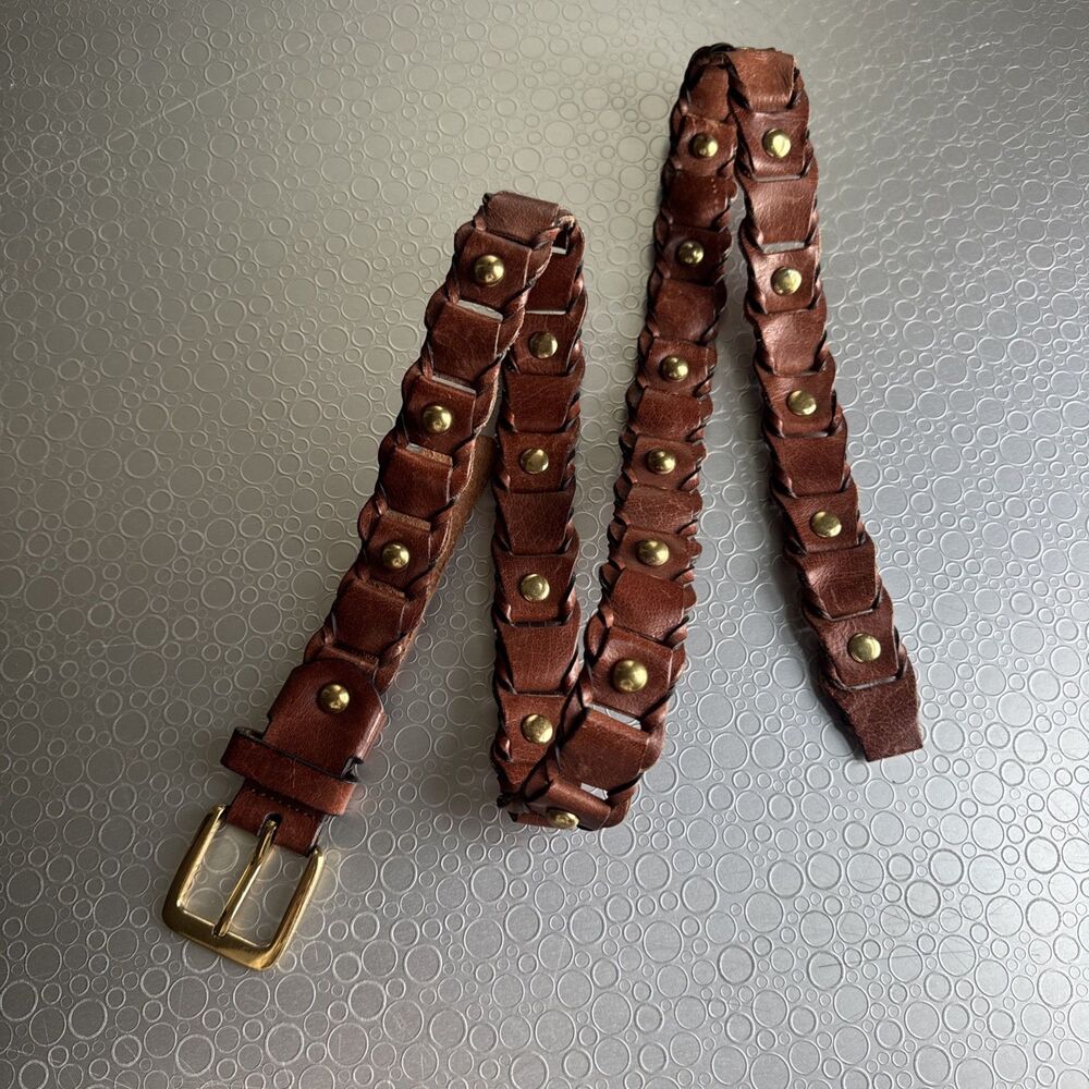 LOFT Ann Taylor Cognac Brown Leather Woven Link Belt Brass Studded - Size M